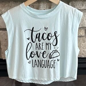 ✨NWT✨Light Blue Graphic Flowy Crop Size Medium"tacos ARE MY love LANGUAGE"